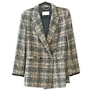 Womens Marella Blazer 2 Black & White Plaid Tweed  Gold Thread Double Breasted